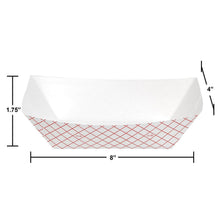White paper food tray with red grid pattern, 8 in wide and 4 in tall.