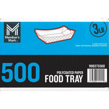 Polycoated paper food tray box, 500 count, blue and black with tray graphic.