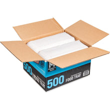 Open carton of paper food trays with nested white trays inside.