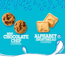 Mini chocolate chip cookies and alphabet shortbread cookies shown on package