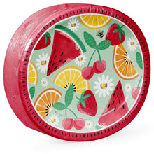 Fruit-pattern oval paper plate with red rim and watermelon, oranges, cherries