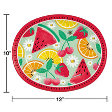 Fruit-pattern oval paper plate with red rim, 10" x 12"