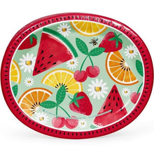 Fruit-pattern oval paper plate with red rim: strawberries, citrus, cherries, flowers