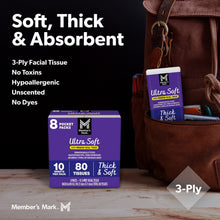 Ultra Soft pocket facial tissue pack with “Soft, Thick & Absorbent” label on front