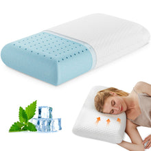 Two-tone memory foam pillow with blue perforated side and white cover, standard size