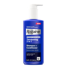 Rogaine Thickening 2-in-1 shampoo and conditioner bottle with white pump, 8.4 fl oz