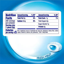 Sugar-free chewing gum nutrition facts label with “FRESH MINT”
