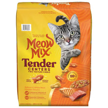 Meow Mix Tender Centers dry cat food bag with salmon and white meat chicken graphics