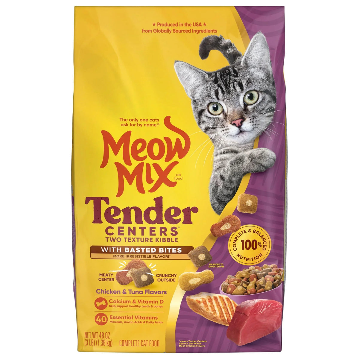Meow Mix Tender Centers with Basted Bites, Chicken & Tuna Flavors, Dry Cat Food, 3 lb. Bag