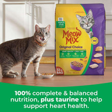 Dry cat food bag standing with two cats nearby and a bowl of kibble