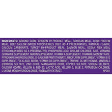 Dry cat food bag back panel with dense ingredient list text