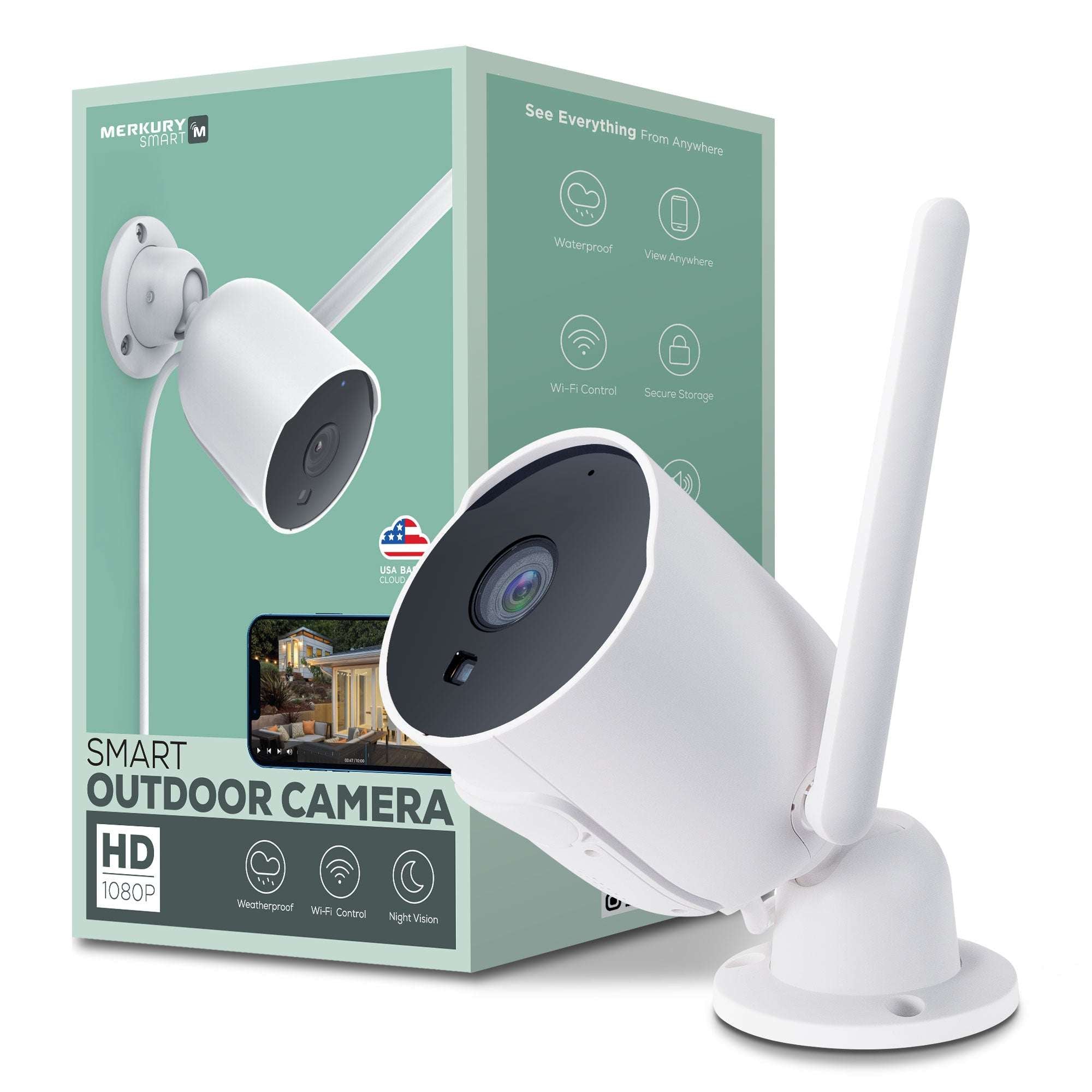 Merkury Smart Outdoor Camera 1080p – Weatherproof Security Camera with Night Vision, White (1-Pack)