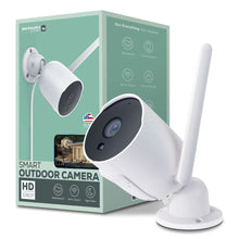 White outdoor security camera with long antenna and base, shown with retail box
