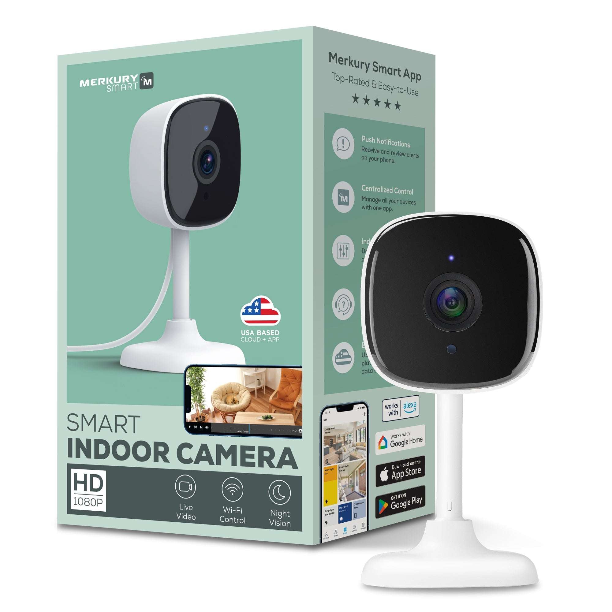 Merkury Smart Indoor Camera 1080p - Wi-Fi Security Cam with Night Vision, White (1-Pack)
