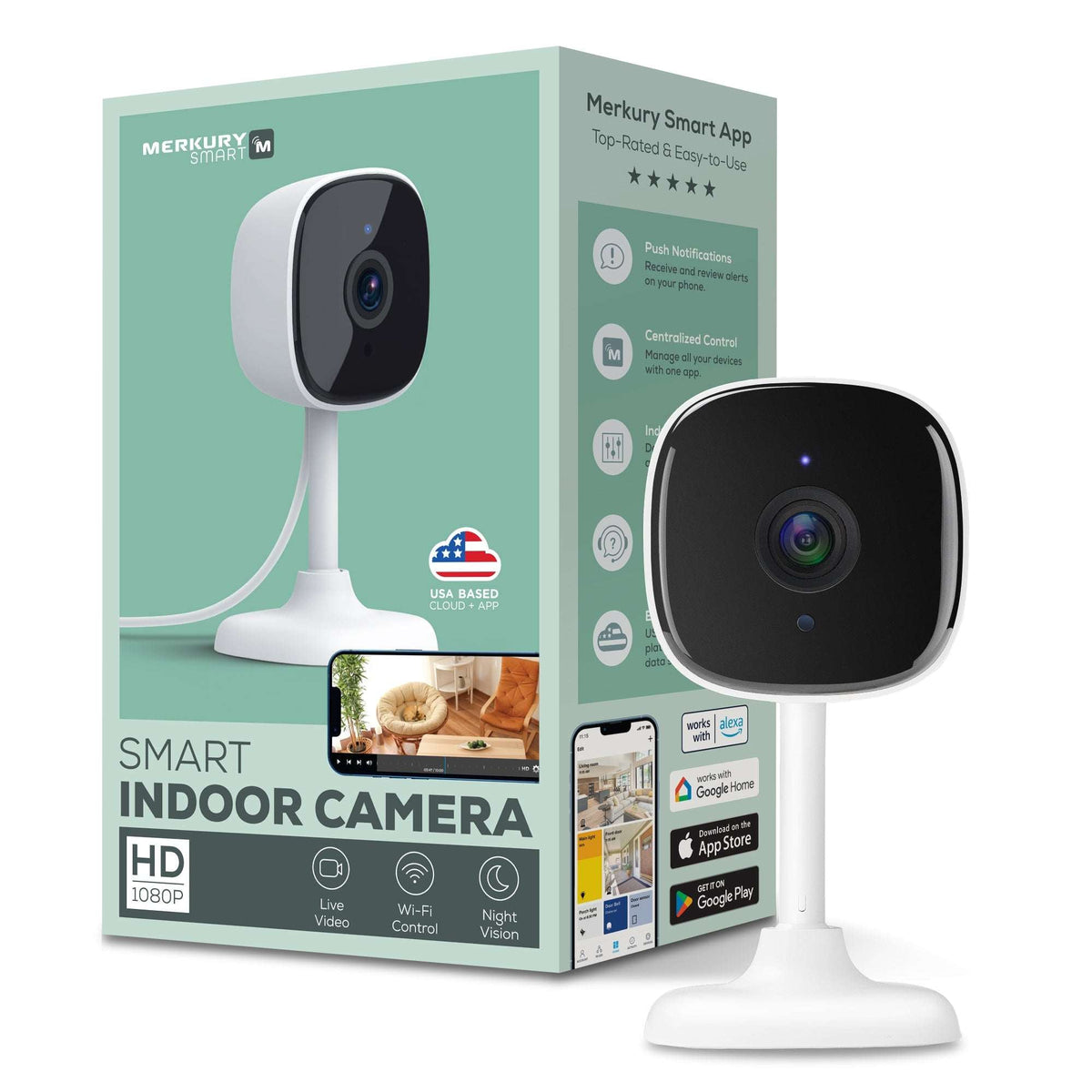 Merkury Smart Indoor Camera 1080p - Wi-Fi Security Cam with Night Vision, White (1-Pack)