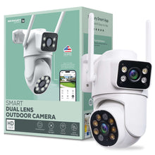 White dual-lens outdoor security camera with PTZ pan-tilt body and two antennas