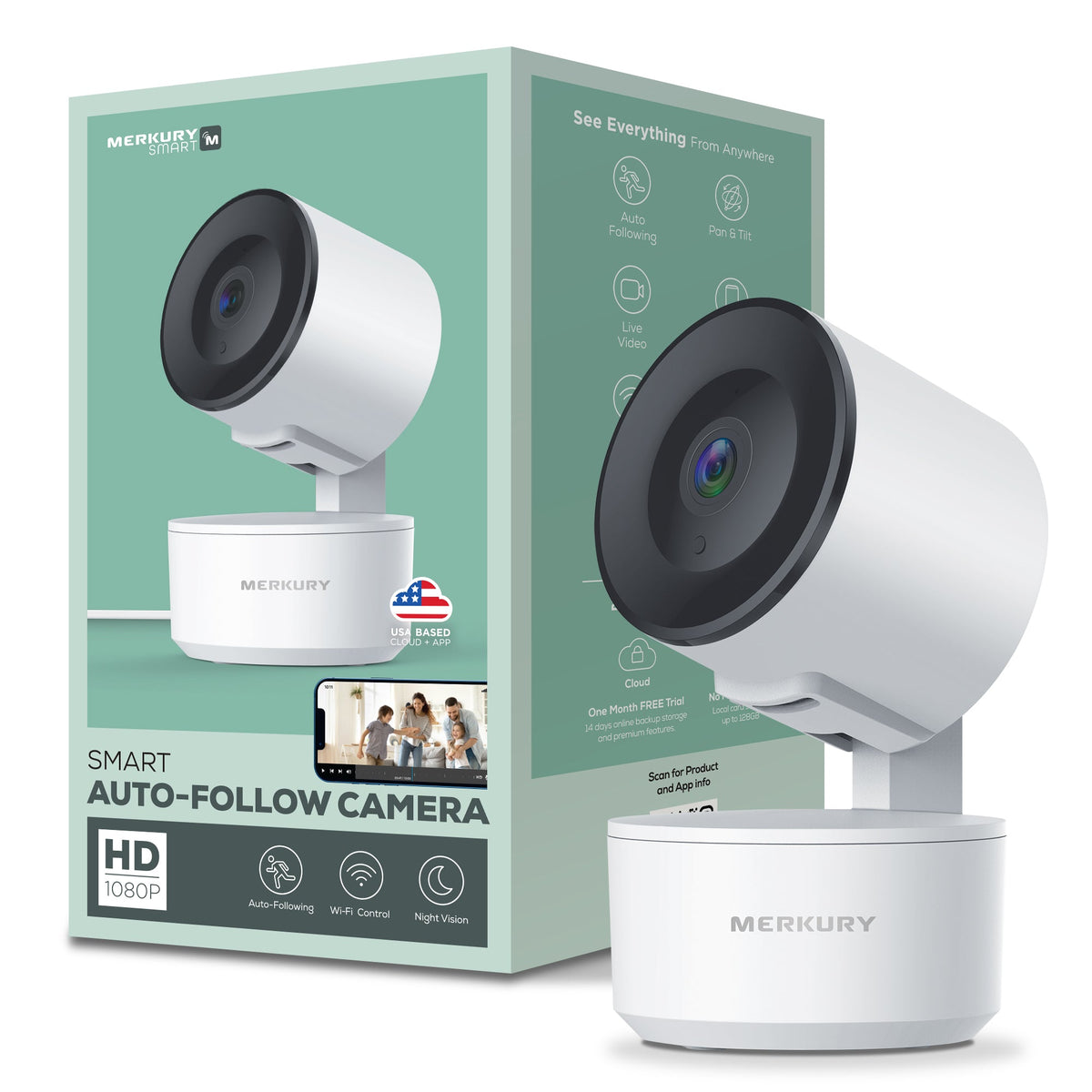 Merkury Smart Indoor Camera 1080p - Auto-Tracking Wi-Fi Security Camera, White (1-Pack)
