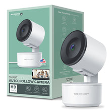 White indoor security camera with black lens on a rotating base