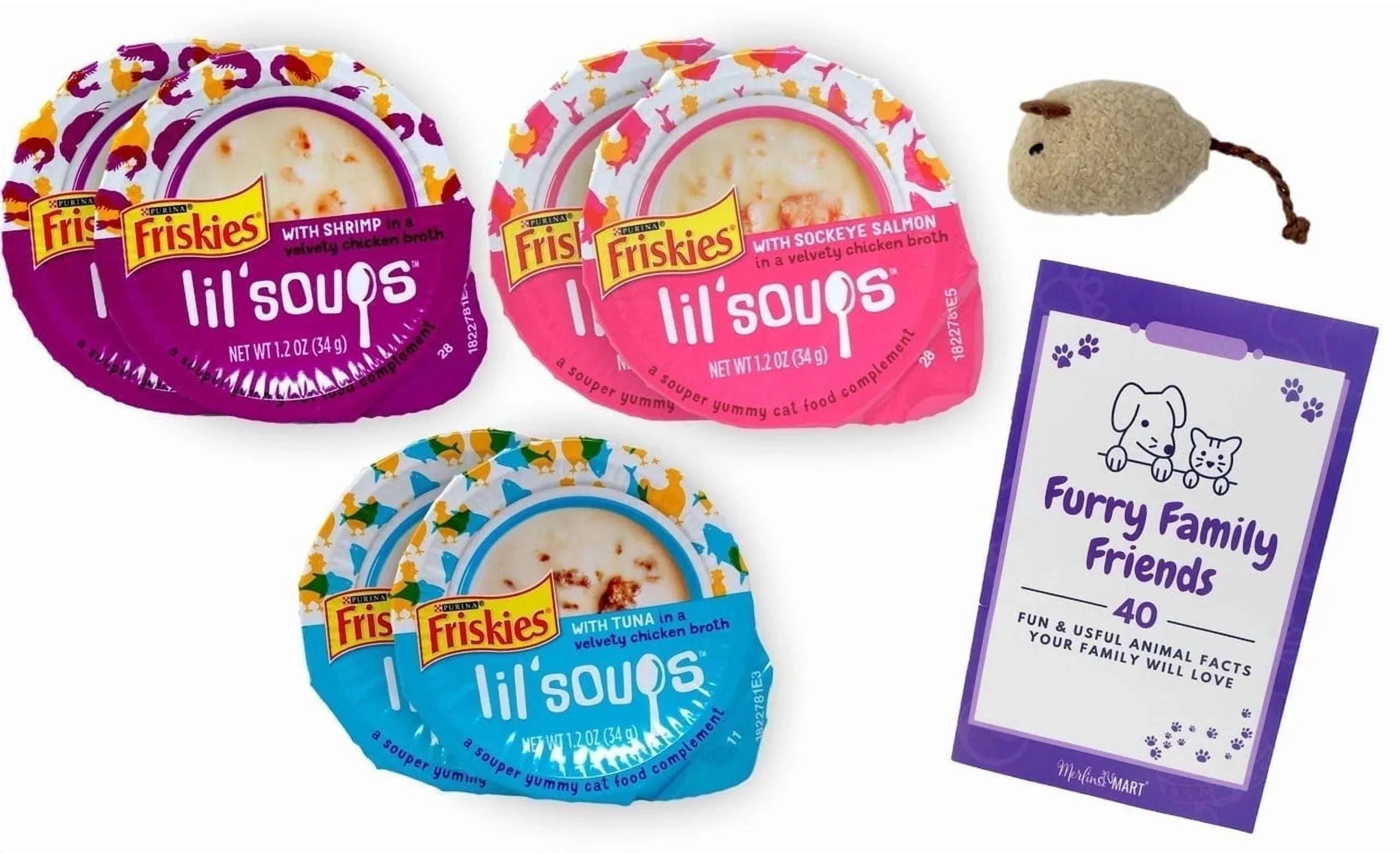Friskies Lil Soups Adult Cat Food Complement 3 Flavor (2) Each: Sockeye Salmon, Shrimp, Tuna (1.2 Ounces) + MerlinsMart Zine + Catnip Toy - USA MEGA SHOP