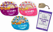 Cat treat soup cups variety set with purple flavor packaging and catnip toy