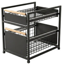 Black two-tier organizer with wire baskets, solid drawer fronts, and wood-look handles