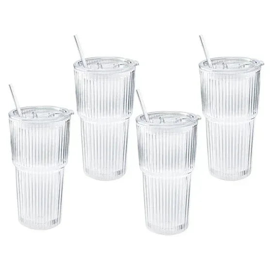 Mesa Ribbed 20 oz. Glass Cups with Lids and Straw, 4-pack