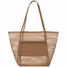 Mesh Beach Tote Bag, Extra Large, Waterproof Inner Pocket, Perfect for Beach, Pool, Travel & Family, Brown