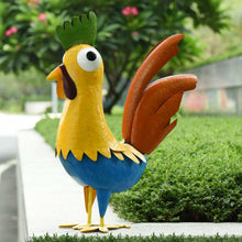 Metal chicken yard stake with yellow body, blue belly, orange tail, and green head