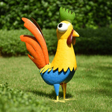 Standing yellow and blue metal chicken stake with orange tail and green head crest