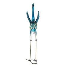 Metal heron yard stake, teal blue back view with long legs and standing frame