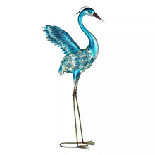 Metal heron yard stake, turquoise blue with feathered wings and curved beak
