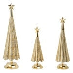 Three gold-tone metal holiday trees in varied heights with star toppers