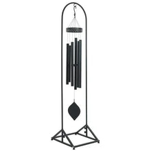Metal wind chime stand with black frame, hanging bars and diamond-pattern tripod base.
