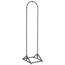 Metal wind chime stand, black arched frame with triangular tripod base, no chimes.