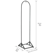 Metal wind chime stand dimensions, arched frame with tripod base, 76 in (193.1 cm) tall.