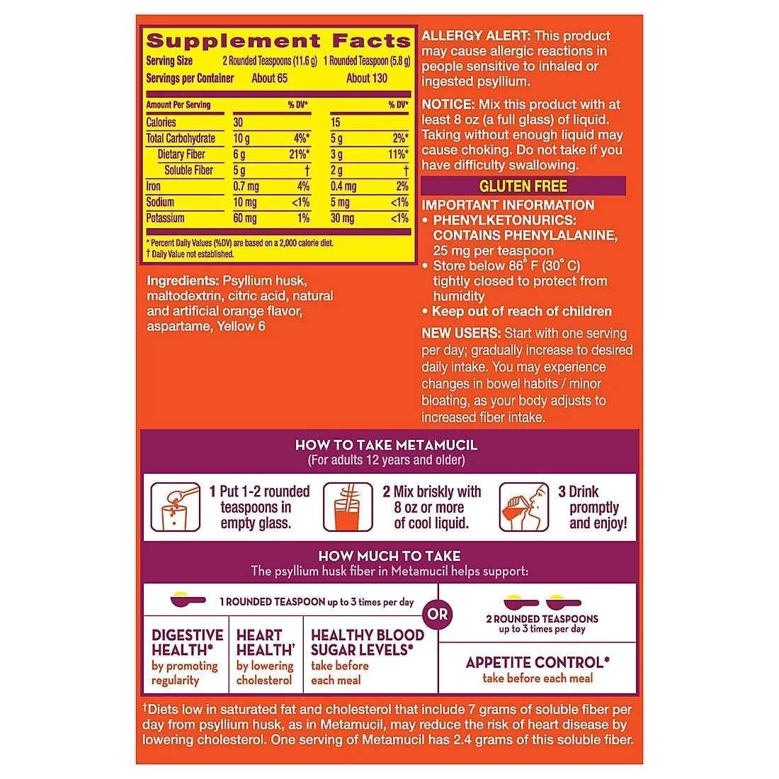 Metamucil 4-in-1 Daily Fiber Supplement Powder, Twin Pack, 26.6 oz Each
