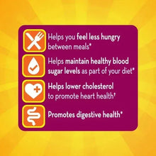 Sugar-free orange fiber supplement benefits panel with four health icons