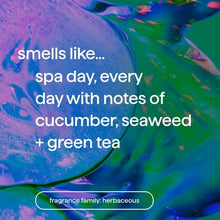 Cucumber, seaweed and green tea scent graphic with herbaceous fragrance label