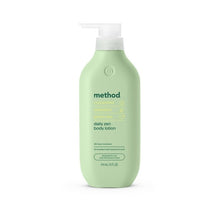 Green body lotion bottle with pump top, method Daily Zen body lotion front label, 14 fl oz