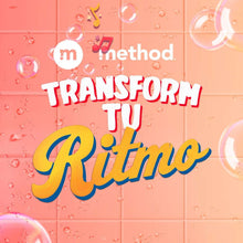 Body wash label graphic with Method branding and “Transform into Ritmo” text