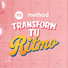 Pink tiled body wash graphic with Method logo and Transform into R utmost