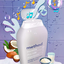 Method body wash bottle labeled coconut, rice milk and shea butter