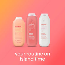 Three Method body wash bottles displayed together with “your routine on island time” text