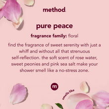 Pink body wash bottle with pure peace floral label
