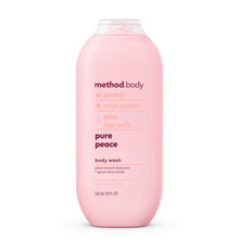 Pink body wash bottle with flip-top cap and pure peace label