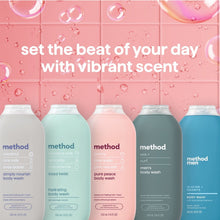 Assorted body wash bottles lineup with Method branding in pastel colors