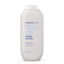 Method.body simply nourish body wash bottle front label: coconut, rice milk, shea