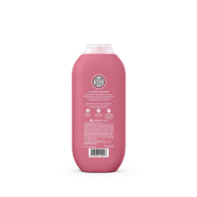 Body wash bottle, pink back label with ingredient text and barcode sticker