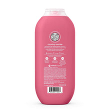 Body wash bottle, pink back label with barcode and product details