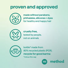 Hair care benefits panel with icons and text 'made without parabens' and 'cruelty-free'